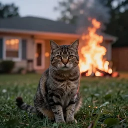 an adorable ominous cat sitting in the yard of a home that is blazing on fire in the background behind the cat, cinematic, DSLR, evening