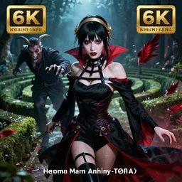 hyperrealistic portrait of high detail yorha no. 2 type a as a vampire witch in ornate black robe red swan feathers as the mistress in fear being chased by a terrific man with goat head in a garden maze horror. by jeremy mann, fantasy art, photo realistic, dynamic lighting, artstation, poster, volumetric lighting, 4 k, award winning