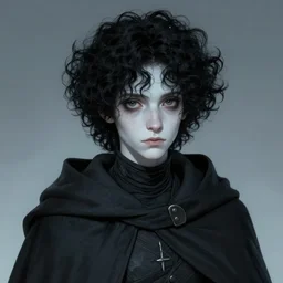 Milori is a shorter person. Very narrow features, with black curly hair. His skin is pale, almost like snow. He wears a dark cloak over form fitting clothes, craig mullins. featured on artstation