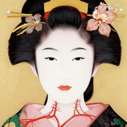 beautiful frontal face portrait of a single japanese geisha, 1 5 0 mm, flowers, veins, arteries, symmetric, intricate, golden ratio, full frame, microscopic, elegant, highly detailed,, ornament, sculpture, elegant, luxury, beautifully lit, ray trace, octane render in the style of peter gric, alex grey and romero ressendi