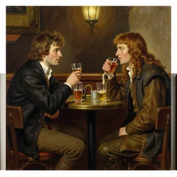 handsome bradley james as arthur pendragon and handsome colin morgan as merlin go to a pub together to have some drinks. highly detailed painting by gaston bussiere, greg rutkowski, j. c. leyendecker 8 k
