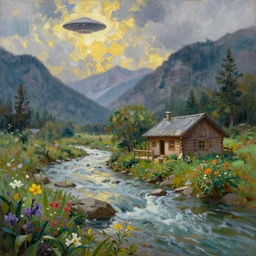 fantasy oil painting, close - up of a river running past a cozy cabin in the mountains, heavy rain, juxtapoz, artforum, gary baseman, preston blair, tex avery, dan mumford, pedro correa epic, natural light, lush plants flowers, spectacular mountains, bright clouds, ufo, luminous sky, outer worlds, golden daple lite, craig mullins, michael cheval vray, 8 k hd