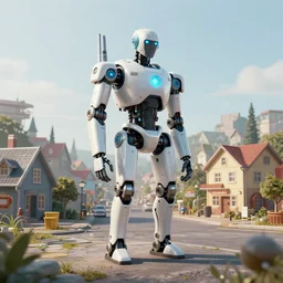 Amazing photorealistic digital concept art of a guardian robot in a small town, by Andrée Wallin and Joseph Cross. Cinematic. LED lighting. Wide angle. Clean lines. Balanced composition.