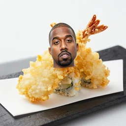 tempura sushi that looks like kanye west, culinary photography, sigma 8 5 mm
