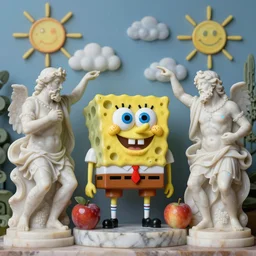 SpongeBob, tilt shift, prismatic, italian masterpieces, painted marble sculptures, baroque, beautiful, gracious, pagans, marble, clouds, sun, fruits, bioluminescent skin, ultra detailed