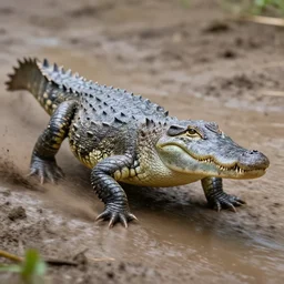 action photography, long shot, award winning macro photo of an ultra detailed muddy gray crocodile running insanely fast in mud, fast shutter speed, motion blur, tiny gaussian blur, highly detailed, highly intricate, depth of field, national geographic