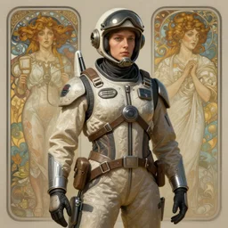 A full portrait of a scifi space fighter pilot, intricate, elegant, highly detailed, digital painting, artstation, concept art, smooth, sharp focus, illustration, art by Krenz Cushart and Artem Demura and alphonse mucha