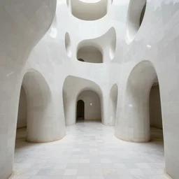 photo of a vast interior space of irregular rooms and corridors, bizarre architecture. ceramic white tiles on all the walls.