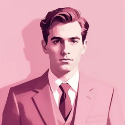 mobster in a suit and tie, portrait. bauhaus, angular, geometric. pink color theme. flat, solid background. simple shapes. strong outline