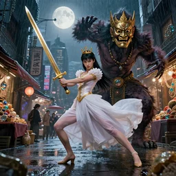 hyper realistic Princess Mononoke attacking evil spirit with a golden sword, ornate mask, wet market street, rainy atmosphere, cyberpunk metropolis, city landscape, jewels, full body pose, full moon, style of tom bagshaw, mucha, james gurney, norman rockwell, denoised, sharp