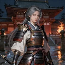 portrait grey hair beautiful samurai girl, armor samurai wardrobe, in fired honnoji temple wet night, ssci - fi and fantasy, intricate and very very beautiful and elegant, highly detailed, digital painting, artstation, concept art, smooth and sharp focus, illustration, art by tian zi and wlop and alphonse mucha