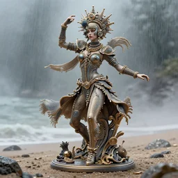 a atompunk art raver girl dancing on beach rain and fog peter mohrbacher and chris dyer, intricate detail, finely detailed, small details, extra detail, photorealistic, high resolution, vray, hdr, hyper detailed, insane details, intricate, elite, ornate, elegant, luxury, dramatic lighting, octane render, weta digital, micro details, 3 d sculpture