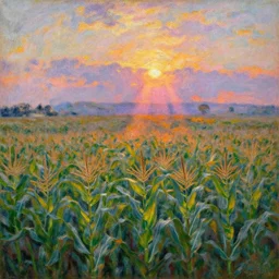 an impressionism painting of endless cornfields at sunset, volumetric lighting, godrays, light rays, claude monet