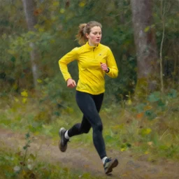 a female orienteer wearing a yellow long - sleeved shirt and black tights runs in the forest, oil on canvas.