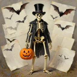 a skeleton with a top hat, holding a jack - o - lantern, as a matte oil painting and d & d character art, by gustave caillebotte, standing, fullbody, flying bats, loose pages, concept art, award - winning, extremely detailed, sharp focus
