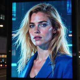 8 k hyper realistic close range night shot of blade runner 2 0 4 7 with adriana chechik as a hologram from a digital signage, transparent skin with imperfections, very small lips, blue suit. long blonde hair flowing in the wind. urban landscape in the background. lenses 5 0 mm