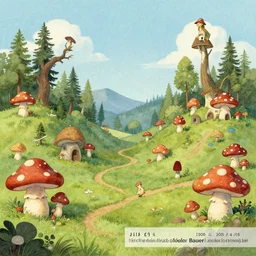 “wide shot, concept art, a fairytale landscape depicting trolls living in mushroom houses, in the style of John Bauer and wimmelbilder”