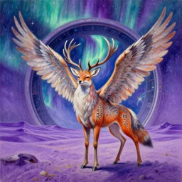 a colored - pencil oil drawing of a majestic auroral cosmic - hyperspace winged and feather - covered deer - fox - griffon stands in the stargate portal in a vast purple desert, vibrant sci - fi oil painting, highly detailed fantasy scenery. runic markings on a god fox stag. by kinkade monet