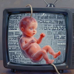 picture of fetus covered by television static noise with a cord, coming out from the television, 8k, unreal engine, concept art, oil paiting, artstaion, highly detailed, ultra hd