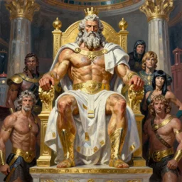 oil painting huge musclebound old zeus in white cape and golden armour standing by throne in palace, by norman rockwell, jack kirby, alex ross, bergey, zdzislaw beksinski, ruan jia, jeremy mann, tom lovell, 5 0 s science fiction, pulp scifi fantasy marvel illustration
