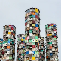 high towers made up of makeshift squatter shacks with bright colours, mamiya, 8 5 mm, uniform plain sky, fine details, photographed by cristina de middel