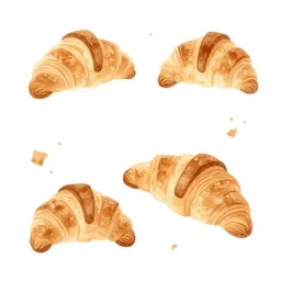 minimalist watercolor art flaky croissants with crumbs everywhere on blank all white background, illustration, vector art