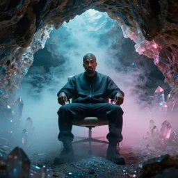 of kanye west as a man on chair, cave with crystals, glitter, volumetric light, foggy, smokey, moody, kodak photography, cyan and pink magical light. w 6 0 0