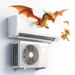 an air conditioner with dragons flying out of it, digital art