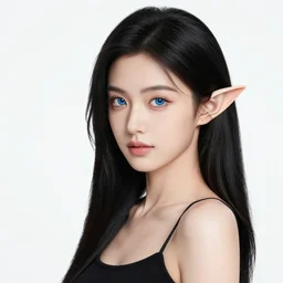 a beautiful portrait, white background, gorgeous fantasy elf. sexy black top, professionally retouched, soft lighting, realistic, smooth face, beautiful blue eyes, long black hair, cute ears, wide angle, sharp focus on the eyes, 8 k high definition, insanely detailed, intricate, elegant, gorgeous, art by artgerm and wlop
