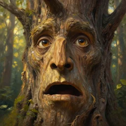 a talking tree, a face in the bark, mouth in the bark, nose made of wood, eyes in the bark, fantasy concept art, digital painting, oil painting, hyperrealistic, beautiful, treebeard, ent, magical, highly detailed, soft lighting, golden sunlight, very detailed eyes, artstation, cgsociety, in the forest, by alan lee, by artgerm