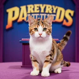 a calico kitten being introduced as the next contestant on jeopardy, set photo, photorealistic, getty images