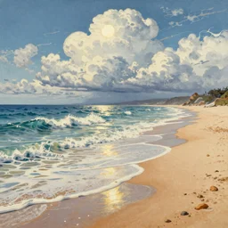 a digital painting of an australian beach, by simon stalenhag, waves, clouds, sun, light and shadow, overlaid with aizome patterns, shin - hanga by thomas kinkade and bob ross, traditional japanese colors, superior quality, masterpiece, featured, trending, award winning, hdr, hd, uhd, 4 k, 8 k, anamorphic widescreen