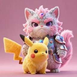 high quality 3 d render hyperrealist very cute pastel fluffy! grumpy gargoyle cat hybrid with cyber - medieval armor, vray smooth, in the style of detective pikachu, hannah yata charlie immer, dramatic pink light, low angle, uhd 8 k, sharp focus
