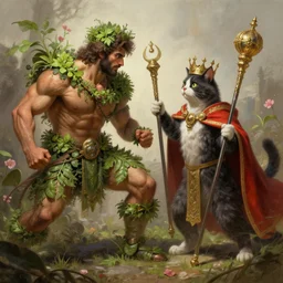 a muscular tunisian man wearing plants fighting a cat wearing a crown and cape wielding a scepter, fantasy, digital painting, volumetric light, intricate, sharp, focus, bloom, illustration, highly detailed, concept art, matte, ruan jia, randy vargas, greg rutkowski