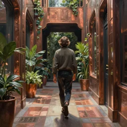 a painting of a person walking down a bronze art-deco alley lined with plants, a detailed matte painting by Anka Zhuravleva, cgsociety, light and space, rendered in unreal engine, artstation hq, artstation hd