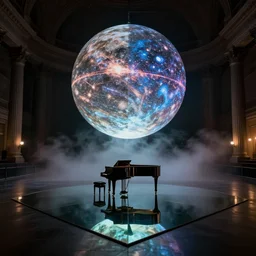 a large scale public art installation. big mirror floor reflect piano on center and single big suspended sphere with projected space visuals on it inside giant and dark venue. neo classical music piano concert with fog, hazer in dark lights