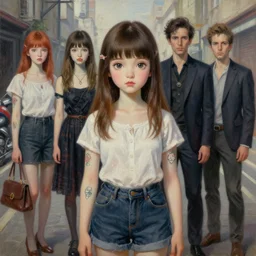 pop surrealism, lowbrow art, realistic cute tattooed girl painting, japanese street fashion, hyper realism, muted colours, rococo, natalie shau, loreta lux, tom bagshaw, mark ryden, trevor brown style,