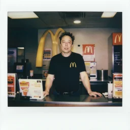 elon musk working the front counter of mcdonald's ready to take your order, eighties polaroid, flash photography, photorealistic, kodachrome