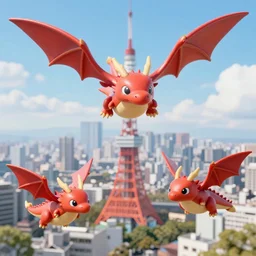 tiny cute red dragons flying in the skies of tokyo
