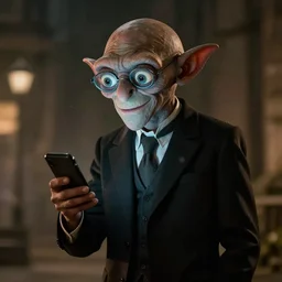 gollum in black suit holding a phone. beautiful night in background