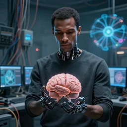 zoomed out, a dark male android in dark gray clothes holding a brain and neurons, in a room crowded with wires and computers and neural networks, realistic face, zoomed out, sci - fi, ai, 4 k realistic, artem demura. alphonse mucha.