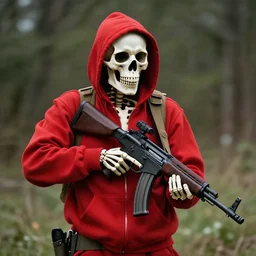 a skeleton in a red hoodie with a rifle