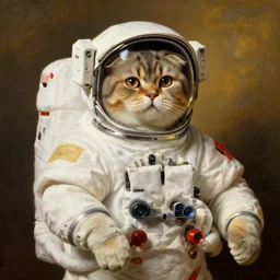 a chubby scottish fold cat cosmonaut, proudly posing for a portrait, painted by rembrandt, intricate, detailed, atmospheric lighting, golden hour.