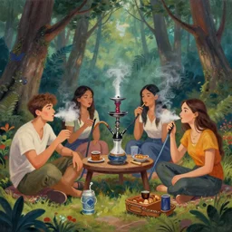 3 young guys and 4 girls smoke hookah and have fun in magic forest, paint by ivan shiskin
