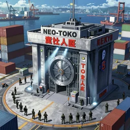 Concept Art Illustration of neo-Tokyo Maximum Security Bank, in the Style of Akira, Syndicate Corporation, Anime, Dystopian, Highly Detailed, Helipad, Special Forces Security, Blockchain Vault, Searchlights, Shipping Docks, Shipping Containers of Money :2 Akira Movie style : 8