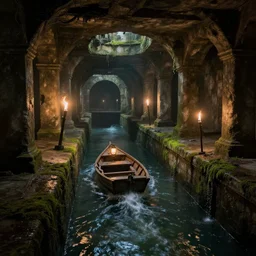 inside the ancient flooded sewers in the old part of the city. fantasy art, adventure, wet, standing water, catacombs, underground canal, boat with lamp, running water, stream, channel, musty, moss, sewage, dark, underground, abandoned spaces, torch - lit. by piranesi and fred fields