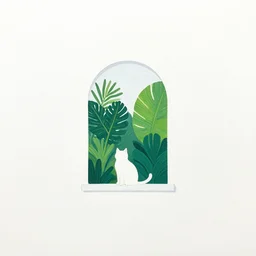 minimalist gouache painting of a cat and tropical plants in a single arched window, white background, centered on page, white space around art