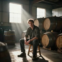 a portrait of a man sitting on a small wooden stool in a whisky factory with barrels stacked up to the sealing. beautiful atmospheric lighting, sunlight beaming through open windows, small dust particles in the air. unreal engine 5, v - ray, 8 k, ultra hd, god rays. hasselblad, 5 0 mm, f / 1. 8