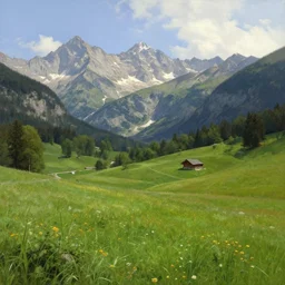 mountain spring, high mountains, green meadow, alps, digital painting, classical painting, hudson river school, realistic lighting, idyll