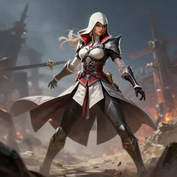 lady maria from bloodborne in assassins creed outfit as an apex legends character digital illustration portrait design by, wayne barlowe detailed, gorgeous lighting, wide angle action dynamic portrait octane render